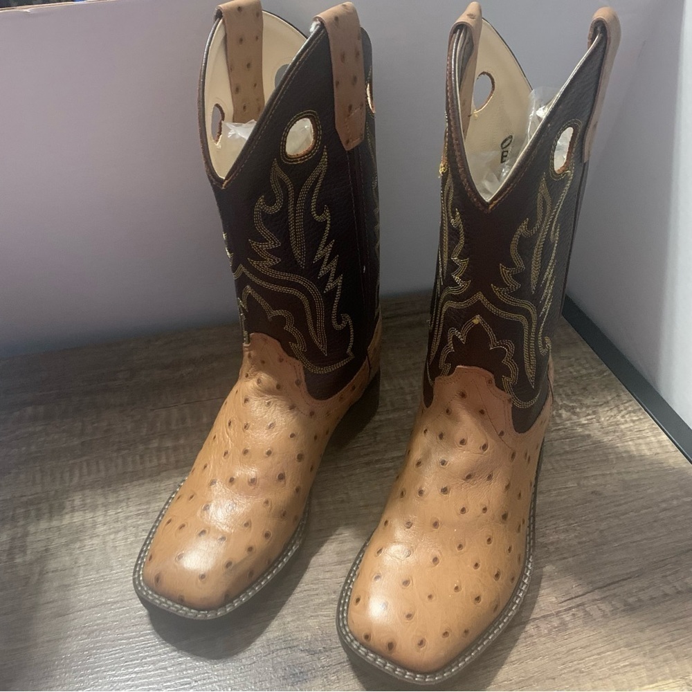 Old West Kids Faux Ostrich Square Toe Western Boots